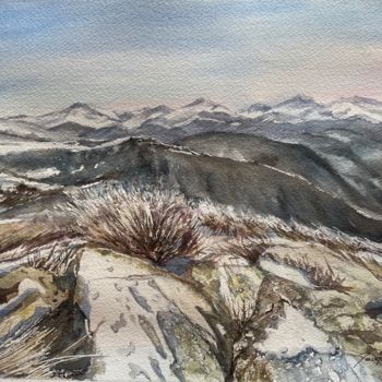 Painting titled "Pyrénées vue du Fou…" by Jacqueline Baby, Original Artwork, Watercolor Mounted on Cardboard