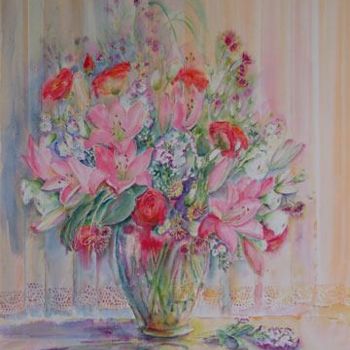 Painting titled "LYS et ROSES" by Jacqueline Fontaine, Original Artwork