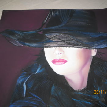 Peinture intitulée "la dame au chapeau" par Jacqueline Kerleau, Œuvre d'art originale, Pastel Monté sur Verre