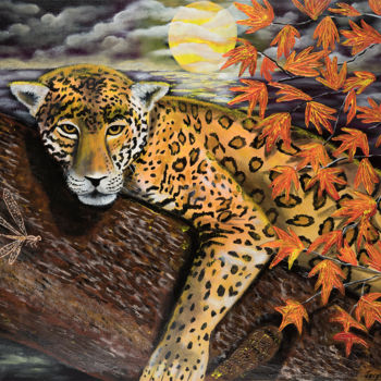 Painting titled "Autumn Jaguar" by Jacqueline Melendez, Original Artwork, Acrylic