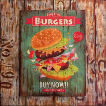 제목이 "Taste "The Burgers"…"인 콜라주 Jacqueline Morandini로, 원작, 콜라주 나무 들것 프레임에 장착됨