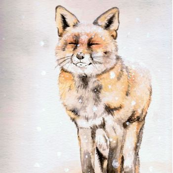 Malerei mit dem Titel "fox's first snow" von Jacqueline Siebenbrock, Original-Kunstwerk, Aquarell