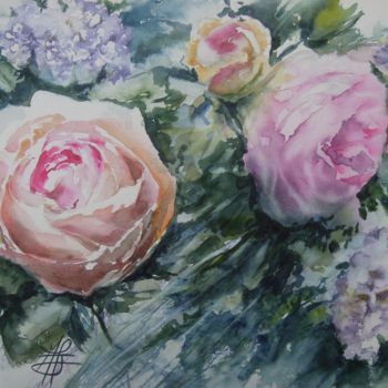 Painting titled "ROSES ET LILAS" by Marie-Claude Jacquemard, Original Artwork, Oil