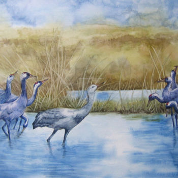 Painting titled "GRUES CENDREES" by Marie-Claude Jacquemard, Original Artwork, Oil