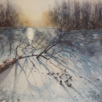 Painting titled "TRACES SUR LA NEIGE" by Marie-Claude Jacquemard, Original Artwork, Watercolor