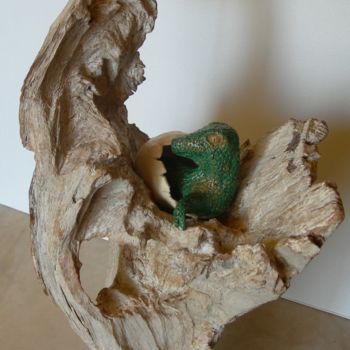 Sculptuur getiteld "Jurassique  Jurassic" door Jacques Bourdon (JAQ), Origineel Kunstwerk, Hout