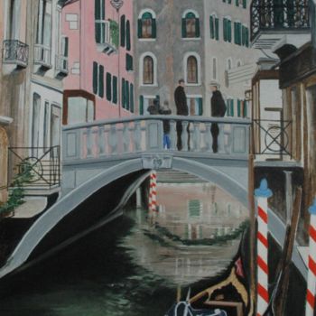 Schilderij getiteld "Venise les canaux I" door Jacques Dolley, Origineel Kunstwerk, Olie Gemonteerd op Frame voor houten bra…