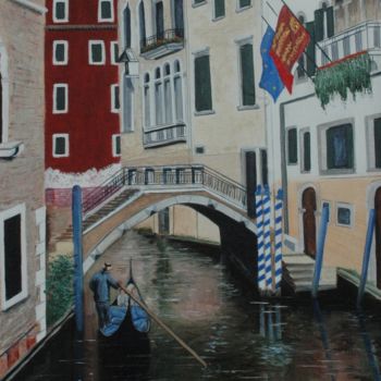 Painting titled "Venise les canaux 2" by Jacques Dolley, Original Artwork, Oil Mounted on Wood Stretcher frame