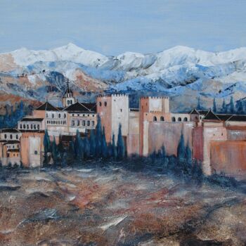 Painting titled "Grenade (l'Alhambra)" by Jacques Dolley, Original Artwork, Oil Mounted on Wood Stretcher frame