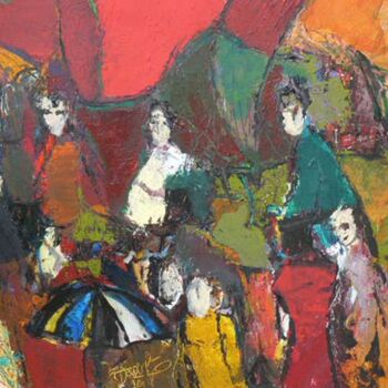Malarstwo zatytułowany „Marché sous l'orage” autorstwa Jacques Donneaud, Oryginalna praca, Akryl Zamontowany na Drewniana ra…