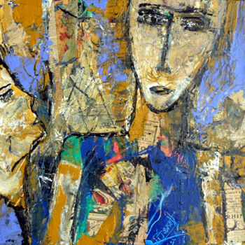 Collages titled "L'attente" by Jacques Donneaud, Original Artwork, Collages Mounted on Wood Stretcher frame