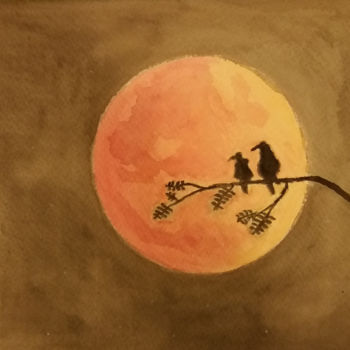 Картина под названием "2 oiseaux à la plei…" - Emmanuel Jacques, Подлинное произведение искусства, Акварель