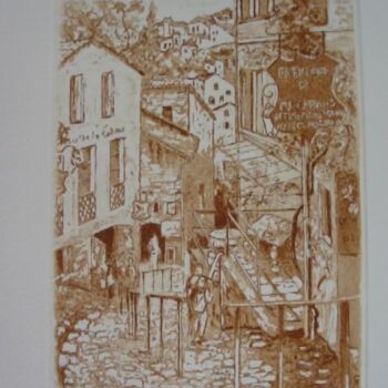 Disegno intitolato "St-Emilion - La rue." da Jacques Fontan, Opera d'arte originale