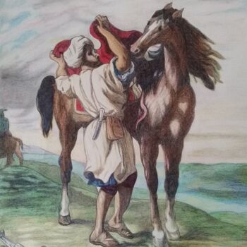 Dessin intitulée "Cavalier arabe sell…" par Jacques François, Œuvre d'art originale, Stylo à bille