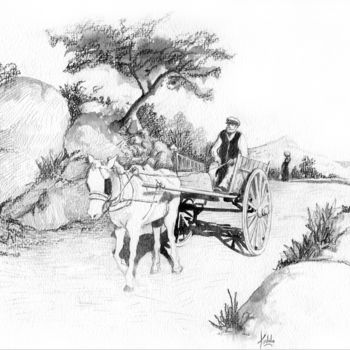 Drawing titled "le voyage en charre…" by Kiddo, Original Artwork, Pencil