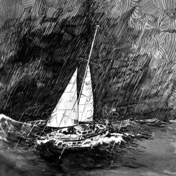 Рисунок под названием "fuite en Mer du Nord" - Kiddo, Подлинное произведение искусства, Чернила