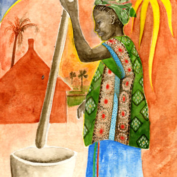 Painting titled "le pilage du riz" by Kiddo, Original Artwork, Watercolor