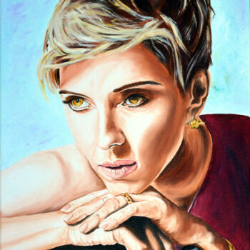 Ζωγραφική με τίτλο "Scarlett Johansson" από Jacques Maupas, Αυθεντικά έργα τέχνης, Λάδι Τοποθετήθηκε στο Ξύλινο φορείο σκελε…