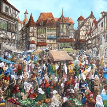 Картина под названием "Place du marché" - Jacques Moncho (Art d'antan), Подлинное произведение искусства, Масло