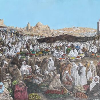 Painting titled "Marché oriental" by Jacques Moncho (Art d'antan), Original Artwork, Oil Mounted on Wood Stretcher frame