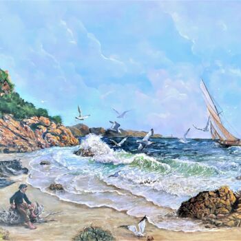 Painting titled "Toutes voiles déhors" by Jacques Moncho (Art d'antan), Original Artwork, Oil Mounted on Wood Stretcher frame