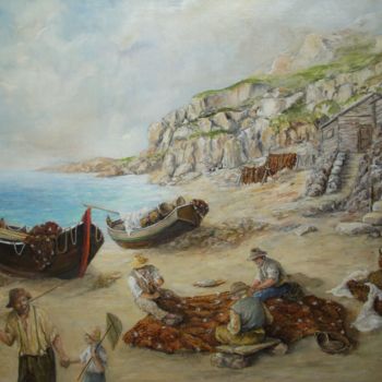 Painting titled "Cabanes de pêcheurs" by Jacques Moncho (Art d'antan), Original Artwork, Oil Mounted on Wood Stretcher frame