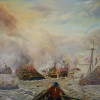 Malarstwo zatytułowany „Le combat naval” autorstwa Jacques Moncho (Art d'antan), Oryginalna praca, Olej
