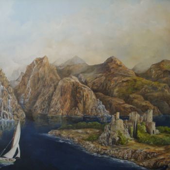 Painting titled "Ile sur lac" by Jacques Moncho (Art d'antan), Original Artwork, Oil Mounted on Wood Stretcher frame