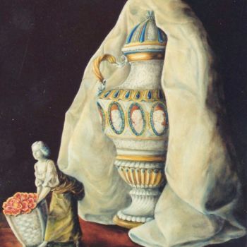 Painting titled "Le vase et la statu…" by Jacques Moncho (Art d'antan), Original Artwork, Oil Mounted on Wood Stretcher frame