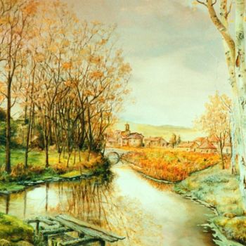 Painting titled "La rivière calme" by Jacques Moncho (Art d'antan), Original Artwork, Oil