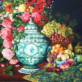 「Vase avec fleurs et…」というタイトルの絵画 Jacques Moncho (Art d'antan)によって, オリジナルのアートワーク, オイル