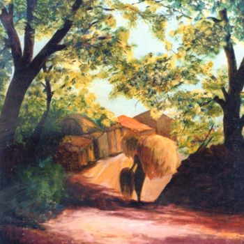 Peinture intitulée "La porteuse de foin" par Jacques Moncho (Art d'antan), Œuvre d'art originale, Gouache