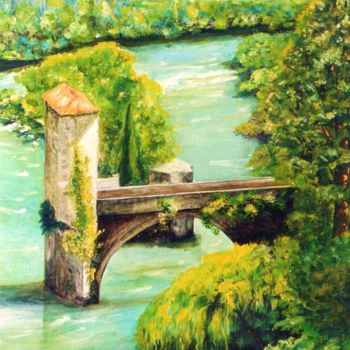 Painting titled "Pont sur la rivière" by Jacques Moncho (Art d'antan), Original Artwork, Gouache