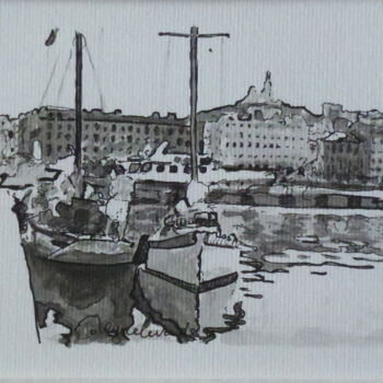 Dessin intitulée "Marseille, voiliers…" par Jacques Peyrelevade, Œuvre d'art originale, Autre