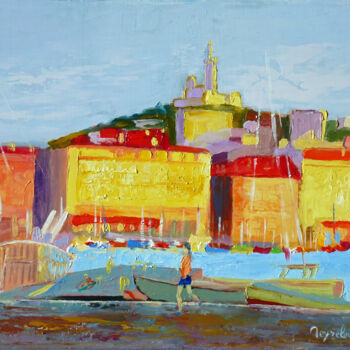 Painting titled "Marseille, promenad…" by Jacques Peyrelevade, Original Artwork, Oil Mounted on Wood Stretcher frame