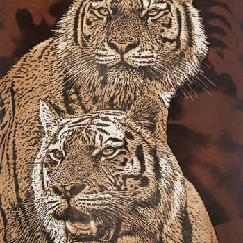 Incisioni, stampe intitolato "Les deux tigres" da Jacky Rouget, Opera d'arte originale, Litografia