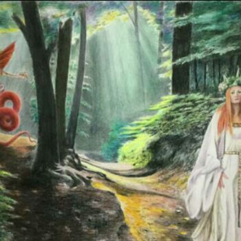 Peinture intitulée "Druidesse en forêt…" par Jacques Tafforeau, Œuvre d'art originale, Autre