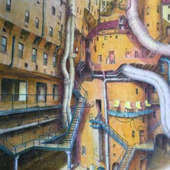 Peinture intitulée "Escalier sur cour I…" par Jacques Tafforeau, Œuvre d'art originale, Autre