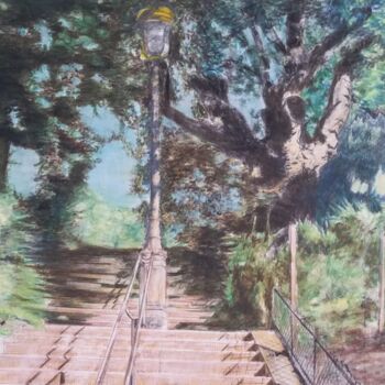 Peinture intitulée "Escalier rue à Mont…" par Jacques Tafforeau, Œuvre d'art originale, Autre