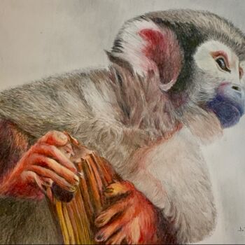 Painting titled "LE PETIT SINGE CAPU…" by Jacques Tafforeau, Original Artwork, Watercolor