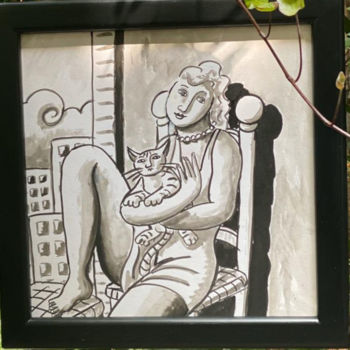 Painting titled "woman and cat" by Jacques Tange, Original Artwork, Ink