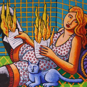Malerei mit dem Titel "Hotmail and le chat" von Jacques Tange, Original-Kunstwerk, Öl