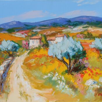Painting titled "Paysage  Printanier" by Jacques Volpi, Original Artwork, Oil Mounted on Wood Stretcher frame