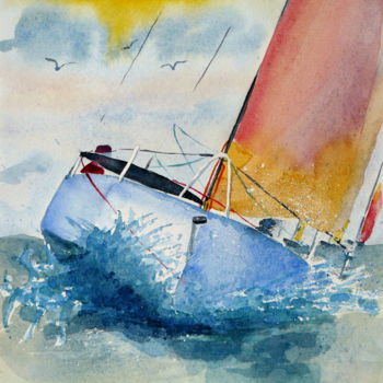 「Mini-transat n°3」というタイトルの絵画 Jacques Paulusによって, オリジナルのアートワーク, 水彩画