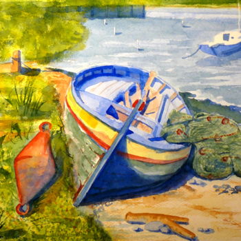 Painting titled "Barque sur la grèves" by Jacques Paulus, Original Artwork, Watercolor