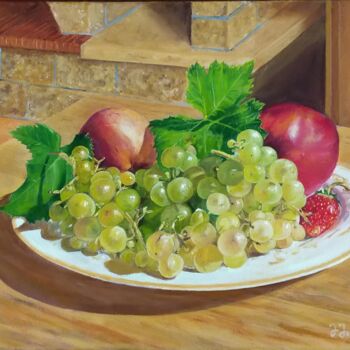 Painting titled "Assiette de fruits" by Jacques Inizan, Original Artwork, Oil