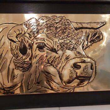 Printmaking titled "le taureau charolais" by Jacques Tronquet, Original Artwork, Embossing Mounted on Wood Panel