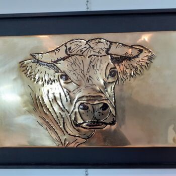 Druckgrafik mit dem Titel "La vache Charolaise" von Jacques Tronquet, Original-Kunstwerk, Prägung Auf Holzplatte montiert