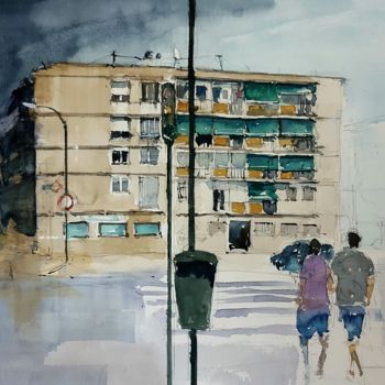 Painting titled "Barrio" by Jacques Villares, Original Artwork, Watercolor