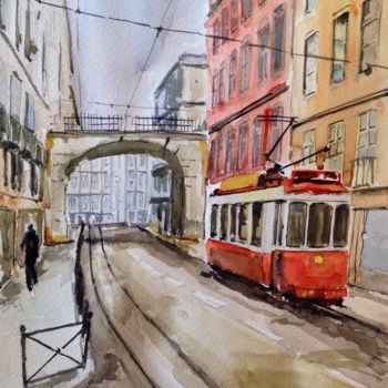 Painting titled "Calle con tranvía" by Jacques Villares, Original Artwork, Oil